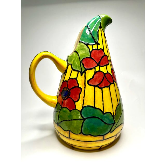 Art Nouveau Vintage Art Nouveau Tiffany Style "Poppy Flowers" Painted Ceramic Pitcher, Yellow, Red, and Navy Blue For Sale - Image 3 of 11