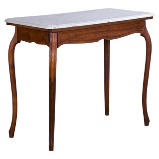 Antique French Louis XV Provincial Style Walnut Console or Desk W/ White Marble Top For Sale