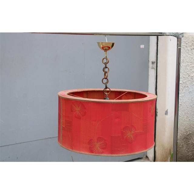 Wood Large Dome Pendant in Red Floral Fabric, 1950s For Sale - Image 7 of 11