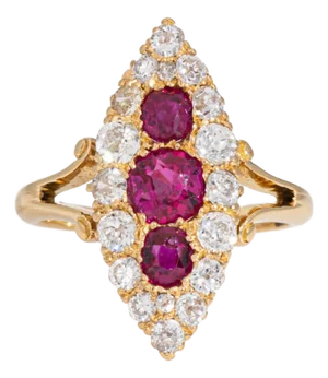 Late 19th Century Antique Victorian Ring Diamond Burma Ruby 18k Yellow Gold Navette Jewelry, Size 6