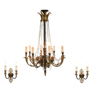 Large Empire Bronze Chandelier with Wall Lights, Belgium, 1950s, Set of 3 For Sale