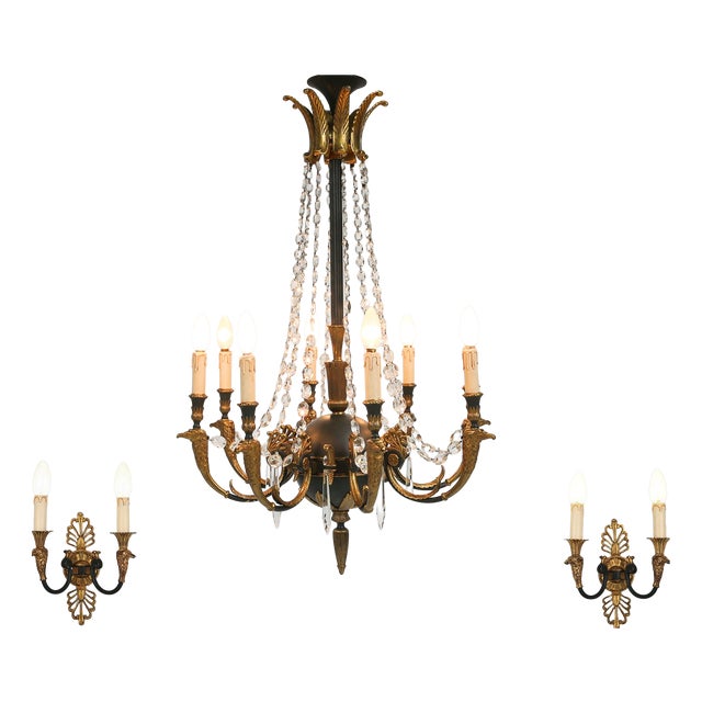 Large Empire Bronze Chandelier with Wall Lights, Belgium, 1950s, Set of 3 For Sale