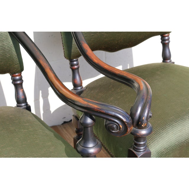 Green Pair of Antique High Back Throne Armchairs | Green Upholstery & Gold Monogram | Early 20th Century For Sale - Image 8 of 18
