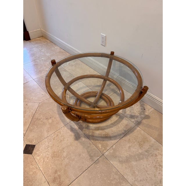 Wood Vintage Sculptural Palm Beach Style Rattan Coffee Table With Round Glass Top, C. 1970s For Sale - Image 7 of 9