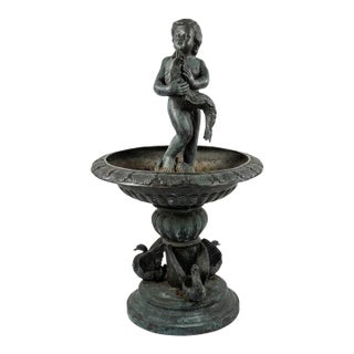 Vintage Verdigris Bronze Figural Fountain With Putto and Swans For Sale