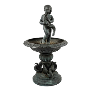 Vintage Verdigris Bronze Figural Fountain With Putto and Swans