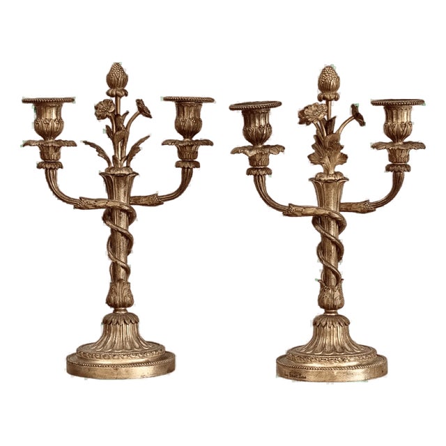 18th Century Pair of Rare Eugène Bazart Louis XVI Gilt Bronze Two-Light Candelabra For Sale