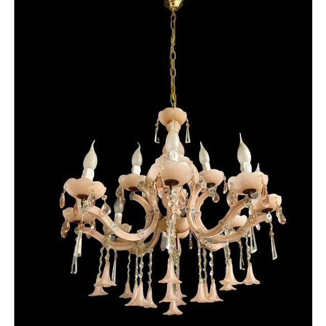 Italian pink murano glass flower chandelier 12 lights this chandelier has been fully restored all the crystal drops have...