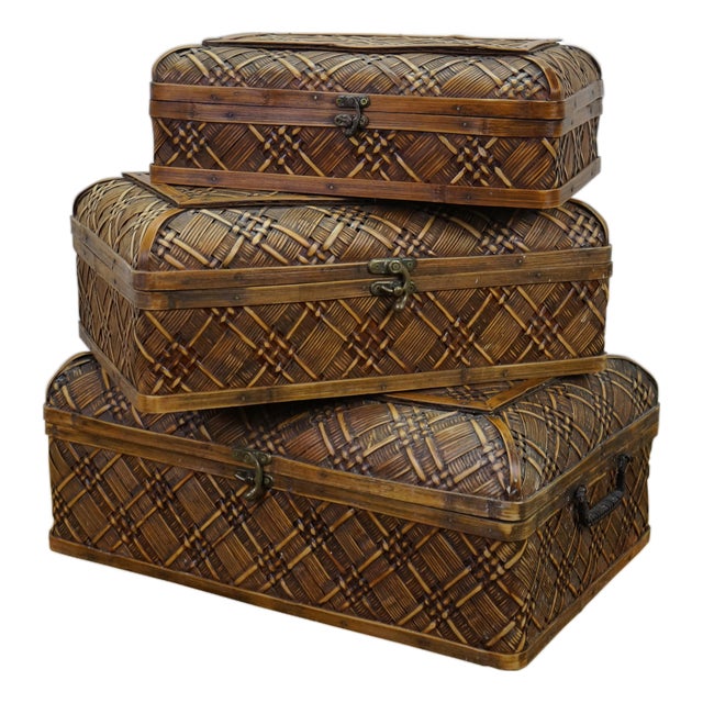 Late 20th Century 3 Japanese Woven Wicker Rattan Yanagigori Graduated Nesting Boxes 20" For Sale