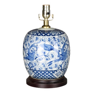 Mid 20th Century Blue & White Chinese Style Ginger Jar Porcelain Table Lamp For Sale