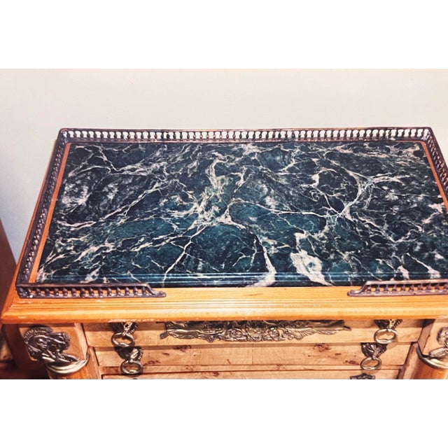 Wood Early 20th Century Pair of Biedermeier/Empire Revival Burl Wood Sideboards With Brass Gallery and Ormolu Mounts With Verdi Marble Tops. For Sale - Image 7 of 10