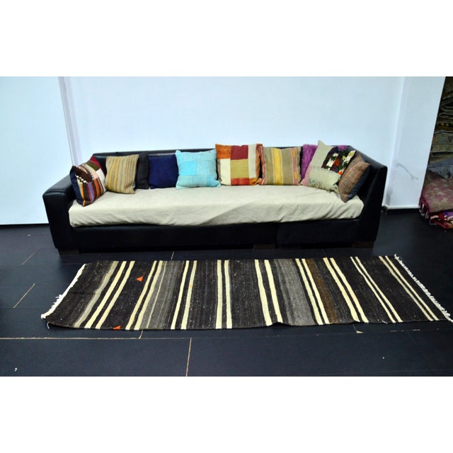 Vintage Tribal Turkish Black Kilim Runner Rug For Sale In Phoenix - Image 6 of 11