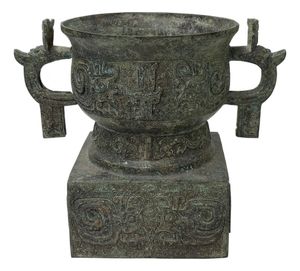 Vintage Style Ancient Ritual Bronze Vessel Display Art