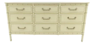 Faux Bamboo Beige White Lacquer 9 Drawers 65" Wide Dresser Credenza