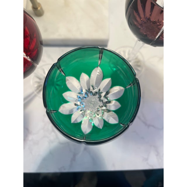 Hollywood Regency Ajka Castille Albinka Crystal Wine Glasses | Color Cut Overlay Wine Hocks | For Sale - Image 3 of 8