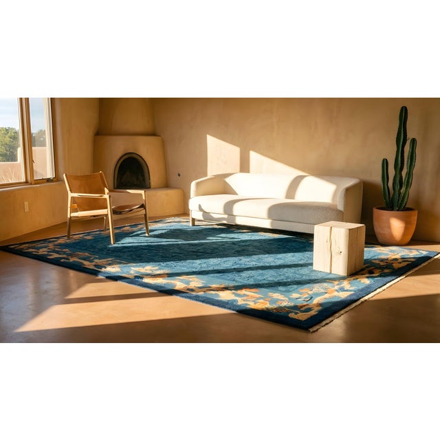Vibrant Blue Color With Gold Figurative Borders Antique Chinese Peking Rug For Sale - Image 9 of 10