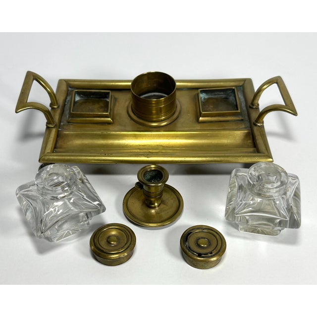Antique English Brass Double Crystal Inkwell & Sealing Wax Candle Holder Set for your consideration. The overall...