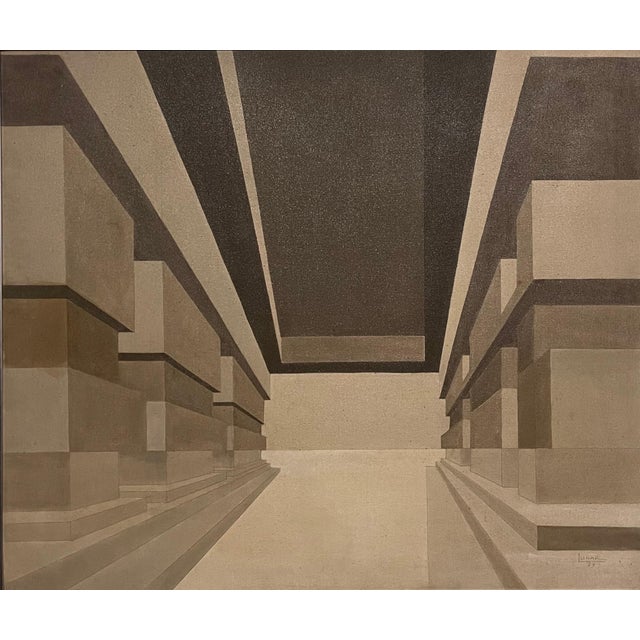 Emerio Dario Lunar, Venezuelan Surrealism Architectural Oil Painting Emerio Lunar Latin American Art, 1979 For Sale - Image 4 of 7