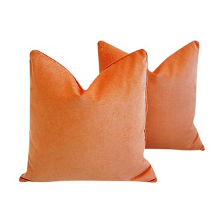 Custom Tailored Tangerine Orange Velvet Feather/Down Pillows 24" Square - Pair For Sale