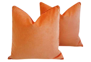Custom Tailored Tangerine Orange Velvet Feather/Down Pillows 24" Square - Pair