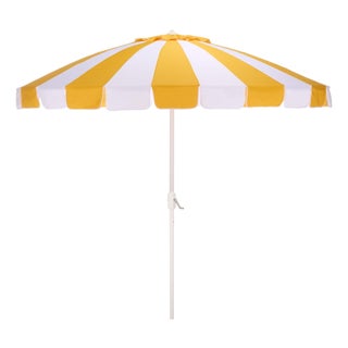 Buti 9 Ft Crank Umbrella, Yellow Cabana Stripe/White Pole For Sale