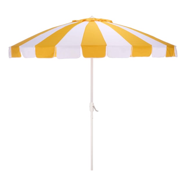 Buti 9 Ft Crank Umbrella, Yellow Cabana Stripe/White Pole For Sale