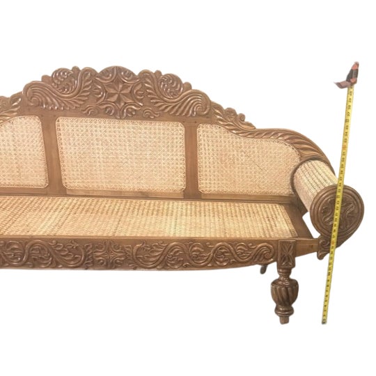 British Colonial Cane Settee With Hand-Carved Teak Wood Details For Sale - Image 4 of 13