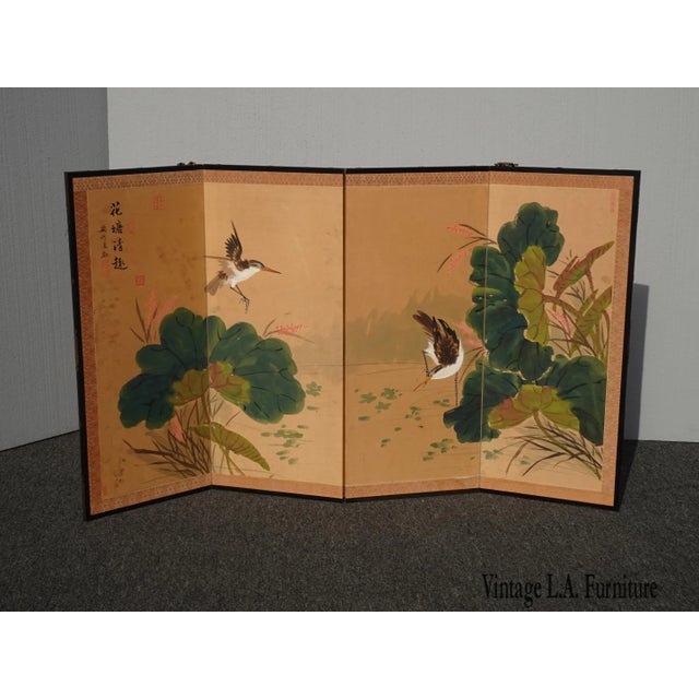 Vintage Oriental Asian Four Panel Screen With Birds & Signed For Sale - Image 13 of 13