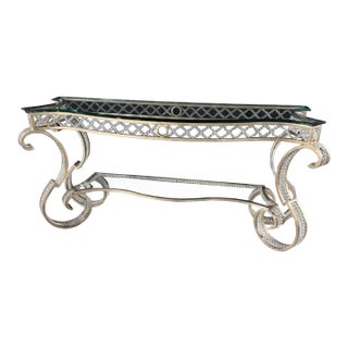 Hollywood Regency Iron Glass Top Console Table With Scrollwork Legs and Crystal Beading For Sale