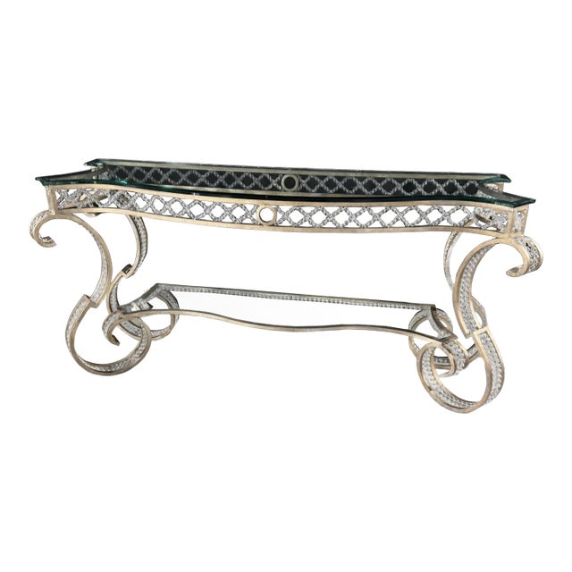 Hollywood Regency Iron Glass Top Console Table With Scrollwork Legs and Crystal Beading For Sale