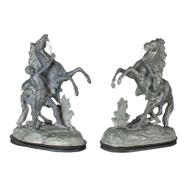Antique Marly Rearing Horse & Groom Spelter Sculptures After Guillaume Coustou - A Pair For Sale