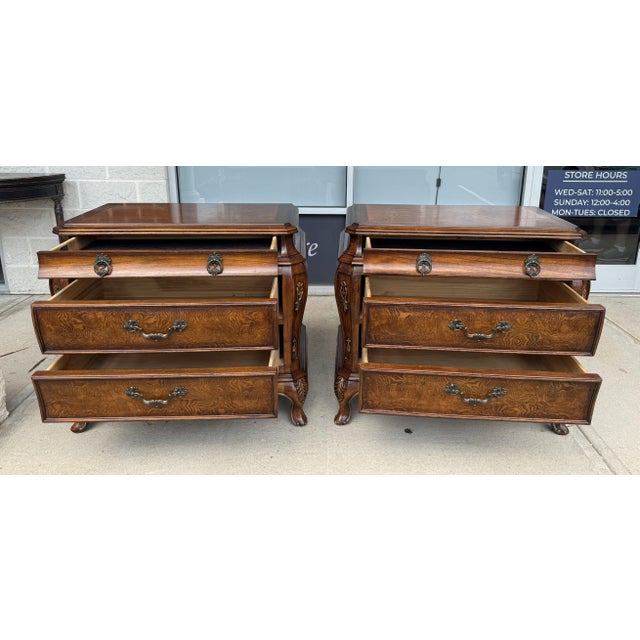 Late 20th Century Late 20th Century Pair of Orleans International French-Style Burled Walnut Bombe Nightstands For Sale - Image 5 of 18
