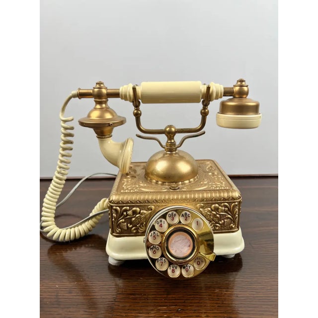 1970s Vintage French Style Brass Rotary Telephone With Ornate Repoussé Cream Enamel Base For Sale - Image 5 of 16