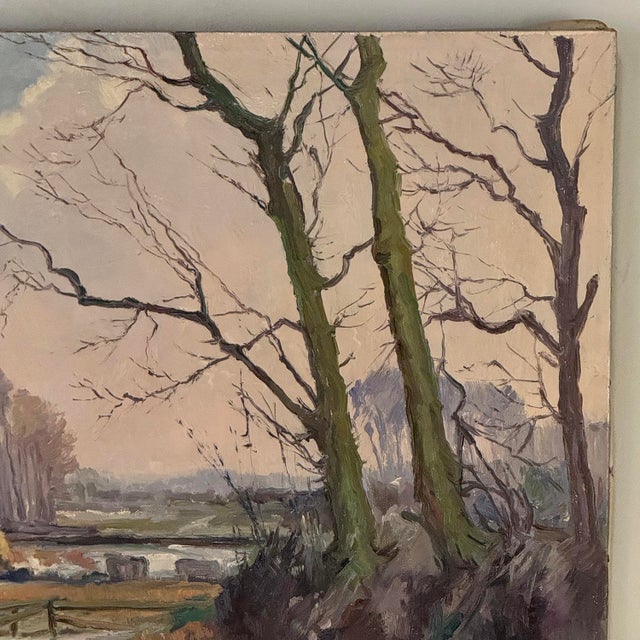 Greige Antique Oil Painting on Canvas by Victor Fermans 'Winter Village Landscape' For Sale - Image 8 of 16