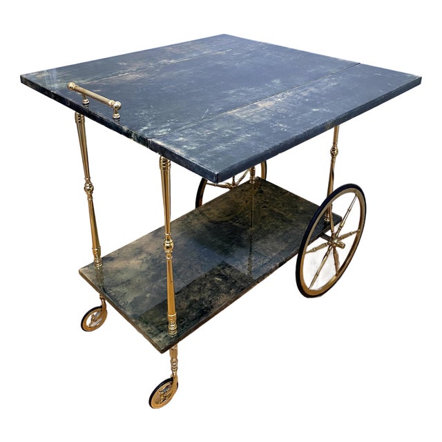 Aldo Tura Green Lacquered Goatskin Bar Cart, Brass Two-Tier Folding Drinks Trolley, Italy 1960s For Sale