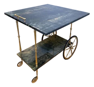 Aldo Tura Green Lacquered Goatskin Bar Cart, Brass Two-Tier Folding Drinks Trolley, Italy 1960s