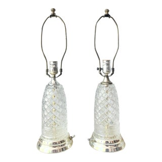1980s Vintage Pair of Leviton 3-Way Cut Glass Crystal Gold Tone Table Lamps For Sale
