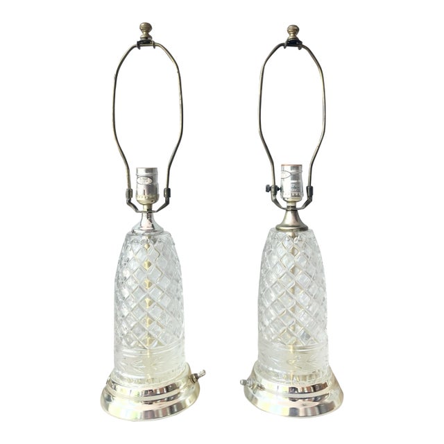 1980s Vintage Pair of Leviton 3-Way Cut Glass Crystal Gold Tone Table Lamps For Sale