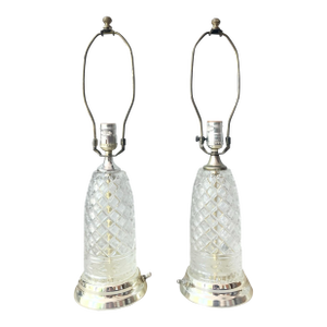 1980s Vintage Pair of Leviton 3-Way Cut Glass Crystal Gold Tone Table Lamps