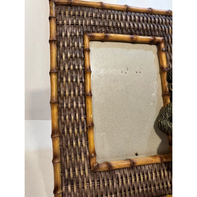 Vintage Palm Beach Regency Monkey Playing Drummer Picture Frame With Faux Bamboo and Wicker Accents For Sale - Image 4 of 10