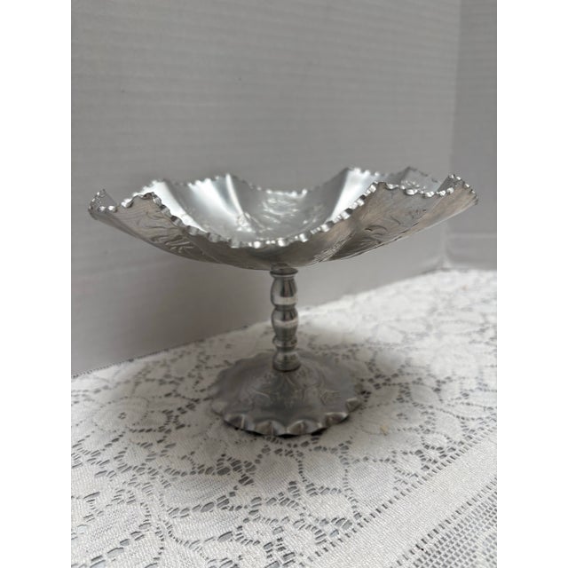 Midcentury Floral Rose Etched Metal Pedestal Tray For Sale - Image 10 of 10