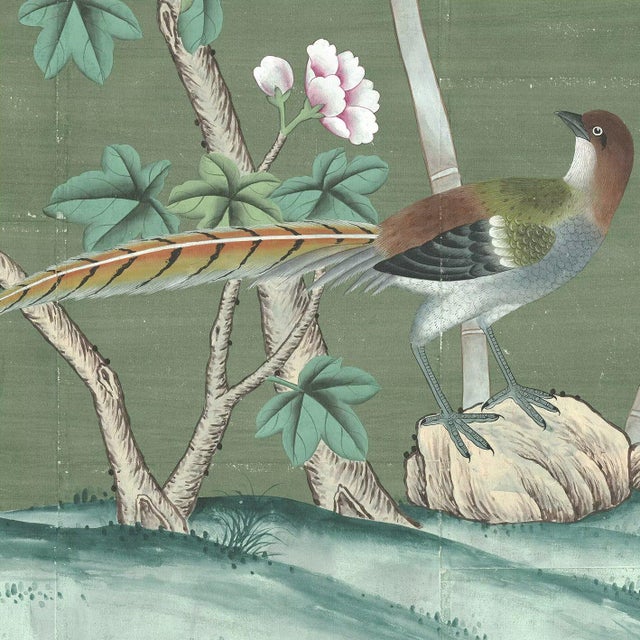 36" * H100"/Panel * 5ps, Dark Olive Green‌ Floral and Bird Wallpaper, Hand-Painted New Chinese-Style Floral and Bird Wallpaper Mural,5 Panels For Sale - Image 4 of 5
