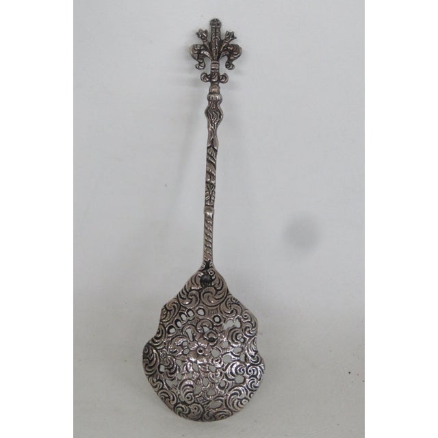 Italy Ornate Silvertone Straining Spoon Decorative Floral Cherub Motif 5143b For Sale - Image 4 of 12