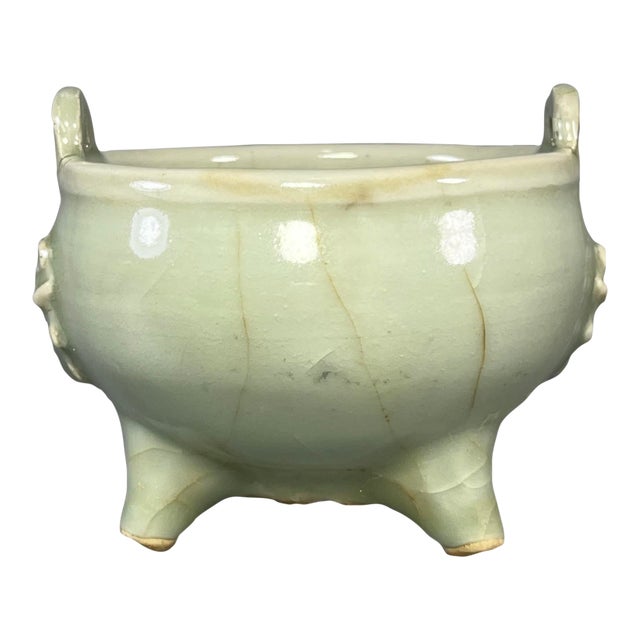 Vintage‑Style Chinese Longquan Celadon Tripod Censer, Decorative Ceramic Burner For Sale