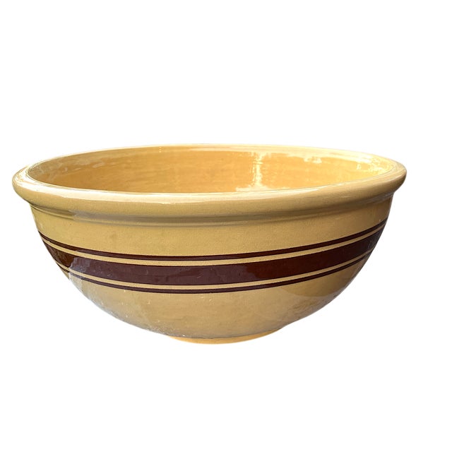 Giant, 16" in diameter, antique Weller Pottery yellowware bowl with stripe. This is the largest bowl in a nesting bowl...