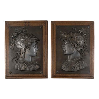 Patinated Metal Bas-Reliefs on Wooden Display Stand, 1800s, Set of 2 For Sale