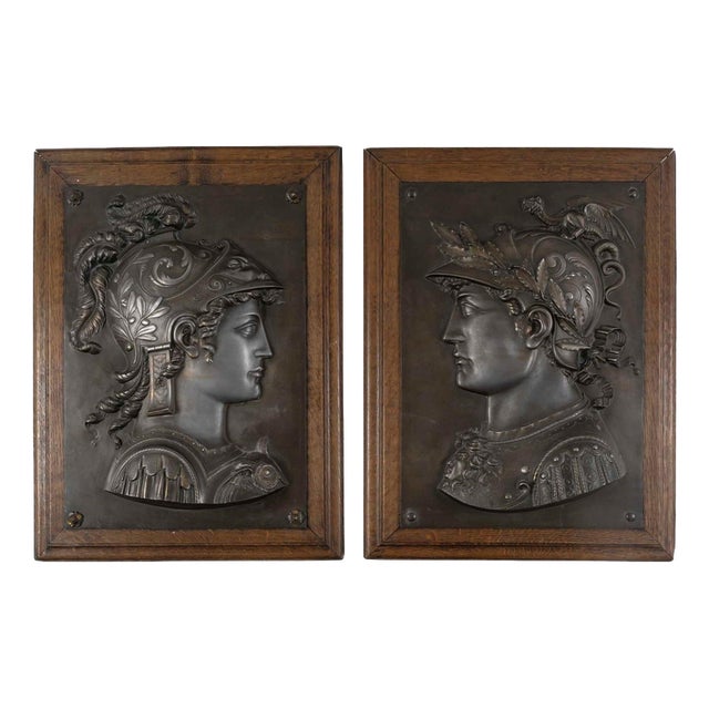 Patinated Metal Bas-Reliefs on Wooden Display Stand, 1800s, Set of 2 For Sale