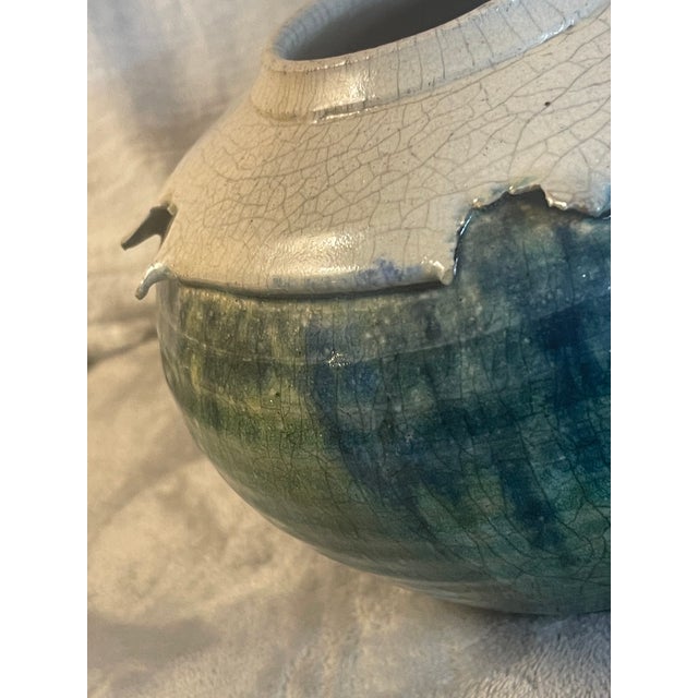 Exquisite Turquoise Jade Aquamarine Fired Crackled Raku Art Pottery VTG Signed For Sale - Image 11 of 12
