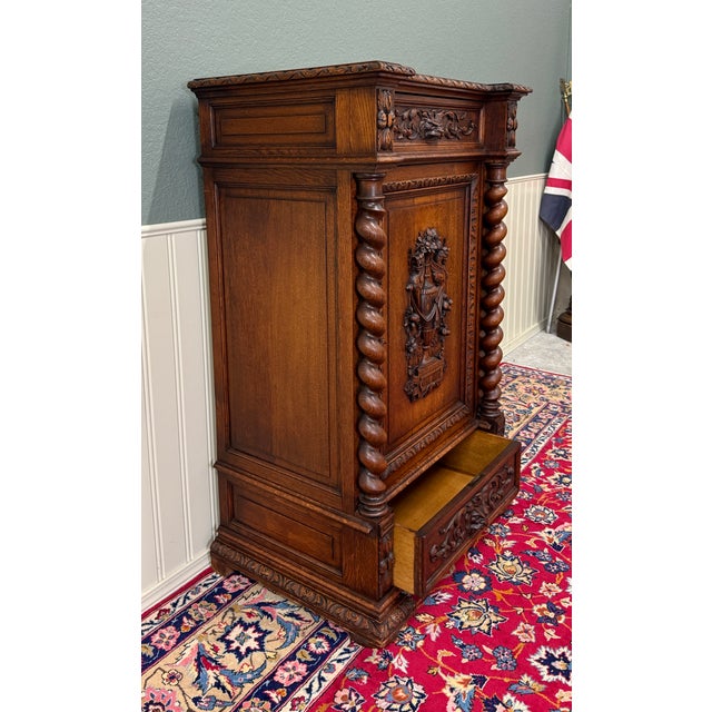 Antique French Renaissance Revival Oak Cabinet Barley Twist Carved Drawers 19thC For Sale - Image 14 of 17