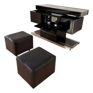 Convertible Bar and Stools in Black Lacquer, Chrome & Leather, Italy, 1970s, Set of 3 For Sale
